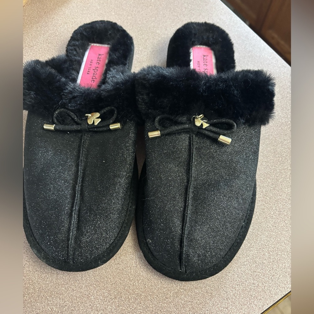 Kate Spade Black Glitter Fur-Trimmed slippers women’s 8